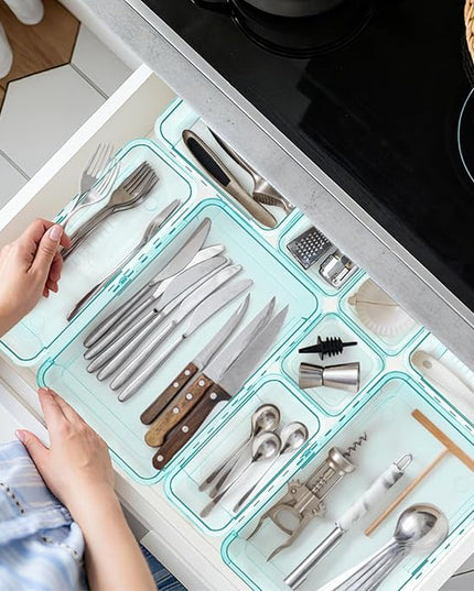 14 Pcs Adjustable Clear Drawer Organizer, Extendable Vanity Storage Bins, Desk Drawer Organizer Set for Makeup, Cosmetics, Bedroom, and Gadgets, Blue