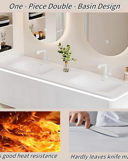 72IN Modern Double Sink Bathroom Vanity, Defogging Mirror Cabinet with LED Light Strip & Time Display Screen | Wall Mounted Bathroom Vanity with Sink Include Smart Sensor Light Strip (Style B)