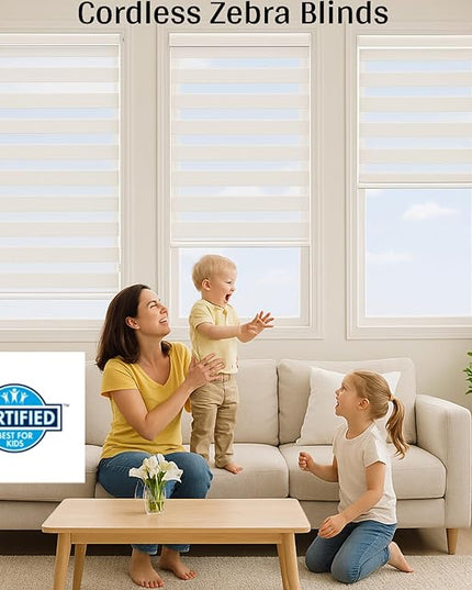 ShadesU Cordless Zebra Blinds for Windows, 37" W x 72" H, Cream, Dual Layer Free-Stop Zebra Shades, Light Control for Day and Night, Sheer Blinds for Indoor Windows, Bedroom, Kitchen
