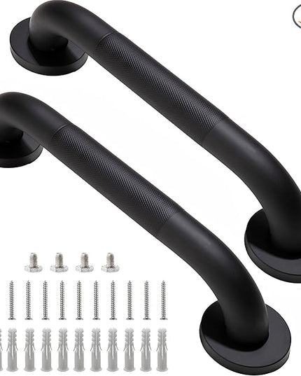 Shower Grab Bar, 2 Pack 12 Inch Black Bathroom Grab Bar, 1.25" Diameter 304 Stainless Steel Anti-Slip Grab Bars for Bathtubs and Showers, Handicap Shower Grab Bar for Seniors Elderly