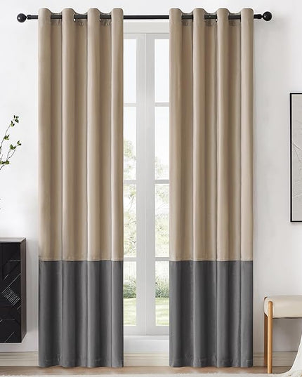 BULBUL Champagne Grey Color Block Window Curtains Panels 84 inches Long Velvet Farmhouse Drapes for Bedroom Living Room Darkening Treatment with Grommet Set of 2