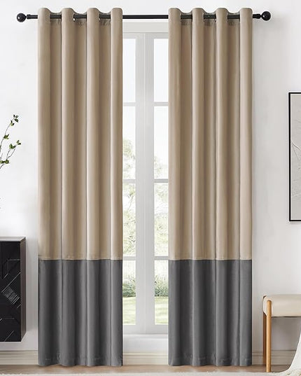 BULBUL Champagne Grey Color Block Window Curtains Panels 102 inches Long Velvet Farmhouse Drapes for Bedroom Living Room Darkening Treatment with Grommet Set of 2