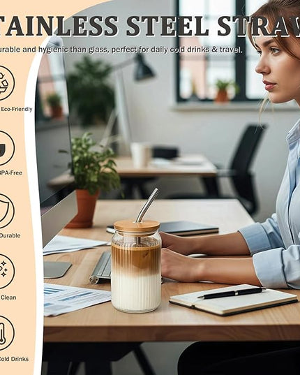12 Packs Ribbed Glass Tumbler with Lid and Straw 16 oz Cute Ice Coffee Cup Set Bulk Vasos de Vidrio Con Tazas Para Cafe Cocina Accesorios Home Bar Accessories New Home House Warming Gift Kitchen Stuff