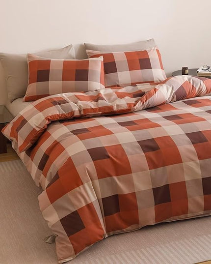 Luxlovery Checkered Red Khaki Comforter Set Twin Gingham Plaid Comforter Teens Kids Bedding Set Fluffy Soft Grid Khaki and Red Blanket Quilts with 2 Pillowcases