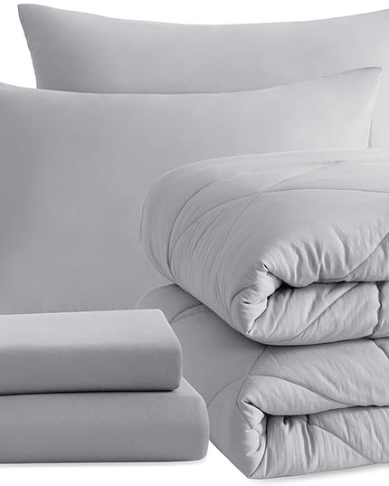 NTBAY Twin Comforter Set with Sheets, 5 Pieces Soft and Breathable Twin Bedding Set, Twin Bed in a Bag, Down Alternative Comforter Set Solid Color All Season, Kids Bedding Set, Light Grey