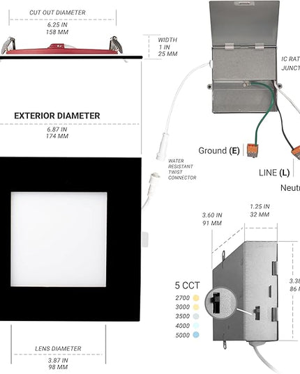 NUWATT 2 Hour Fire Rated Recessed Lighting 6 Inch, Square LED Lights, 5 CCT 2700K/3000K/3500K/4000K/5000K, 15W, Dimmable 1200LM, Black Recessed Lights, Wet & IC Rated, ETL, No Tenmat Needed, 6 Pack