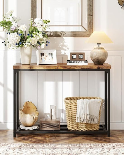 32" Small Console Table, 2-Tier Narrow Entryway Table, Sofa Table with Mesh Shelves, Console Tables for Living Room, Hallway, Entryway, Farmhouse Console Table with Storage, Rustic Brown