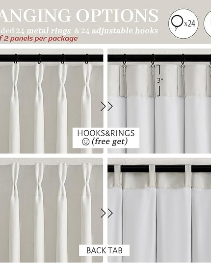 70 Inch Extra Wide 100% Blackout Curtains 92 Inches Long 2 Panels Set for Kids Room, Beige White Memory Trained Pleated Thick Linen Thermal Noise Reducing Neutral Windows Curtain Light Blocking Drapes