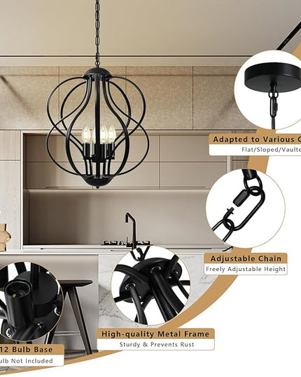 Black Chandelier for Dining Room Light Fixture, 4-Light Modern Farmhouse Chandelier, 17" Large Ceiling Hanging Industrial Pendant Light for Kitchen Island Living Room Foyer Entryway Stair