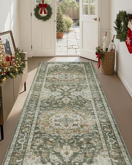 PADOOR-Vintage Runner Rug 2X10 Runners for Hallways-Soft Olive Green Washable Bedside Rugs for Bedroom-Non Slip Long Rug for Hallways Entryway Laundry Room Stair Kitchen Bathroom