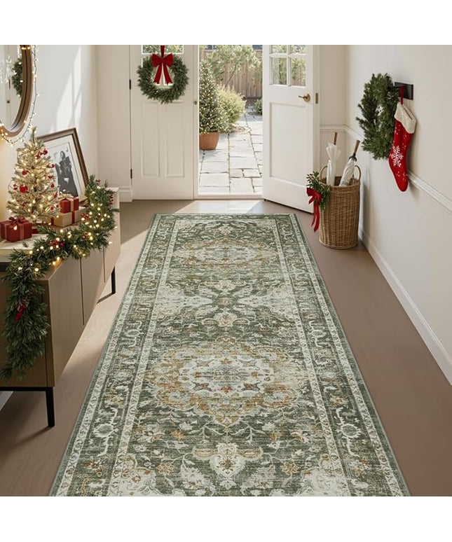 PADOOR-Vintage Runner Rug 2X10 Runners for Hallways-Soft Olive Green Washable Bedside Rugs for Bedroom-Non Slip Long Rug for Hallways Entryway Laundry Room Stair Kitchen Bathroom