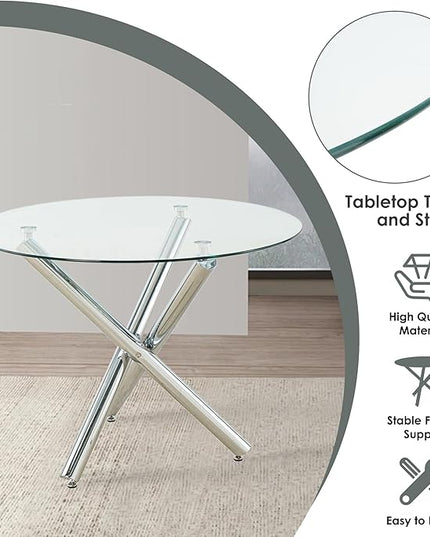 Modern Luxury Round Glass Dining Table Set for 4, 39'' Clear Circle Glass Top Kitchen Set, 5 PCS Small Minimalist Circular Dinner Room Set, Black Woven Chair, for Breakfast Nook (Silver)