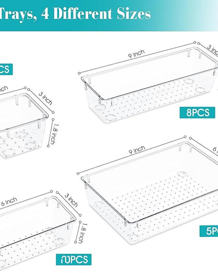 33 PCS Clear Plastic Drawer Organizers Set, 4 Size Desk Drawer Organizer Trays for Makeup, Jewelry, Kitchen Utensils, Gadgets and Office Accessories