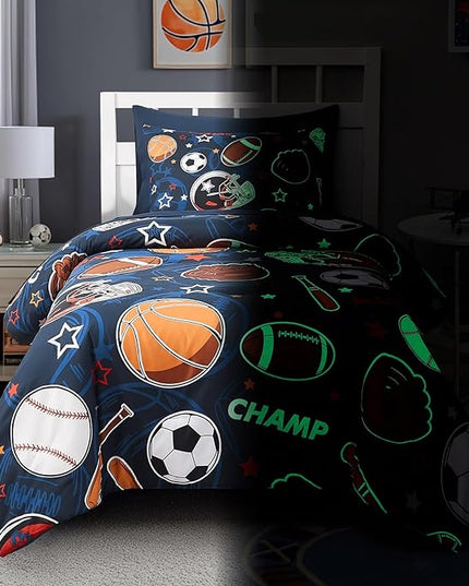 Twin Comforter Set for Boys-5 Pieces Sports Ball Games Glow in The Dark Twin Bedding Sets for Kids, Ultra Soft Bed in A Bag with Sheets