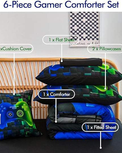 PERFEMET Gamer Comforter Queen Set 6 Pieces Blue and Green Game Console Boys Bedding Set with Sheets Soft Fluffy 3D Video Game Bed in a Bag for Kids Teen(Blue Green, Queen)