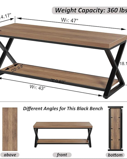 IBF Wood Entryway Bench, Wooden and Metal Bedroom Indoor Bench, Industrial Shoe Bench with Storage and Seating, Farmhouse Entry Bench for Foyer Entrance Hallway Living Dining Room, Rustic Oak, 47 Inch