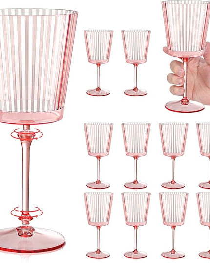 12 PCS Pink Plastic Wine Glasses with Removable Stems 13.5 Oz Pink Ribbed Wine Glasses Square White Wine Glass Muted Pastel Colors Goblets Elegant Fluted Glassware for Wedding Anniversary Birthday