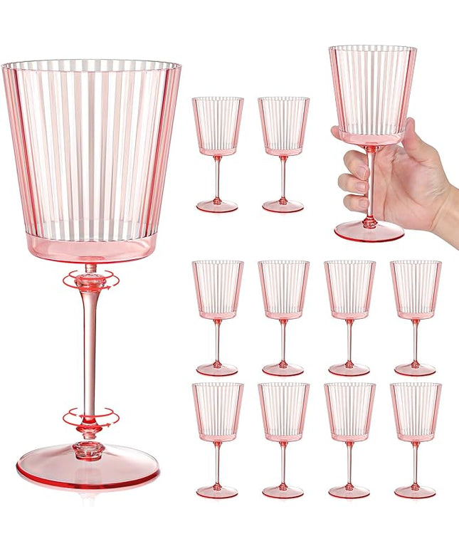 12 PCS Pink Plastic Wine Glasses with Removable Stems 13.5 Oz Pink Ribbed Wine Glasses Square White Wine Glass Muted Pastel Colors Goblets Elegant Fluted Glassware for Wedding Anniversary Birthday