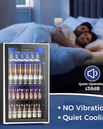 26 Bottle Wine Cooler 130 Can Beverage Refrigerator, Small Freestanding Cabinet Wine Cellar with 40℉-61℉ Temperature Control Glass Door, Black