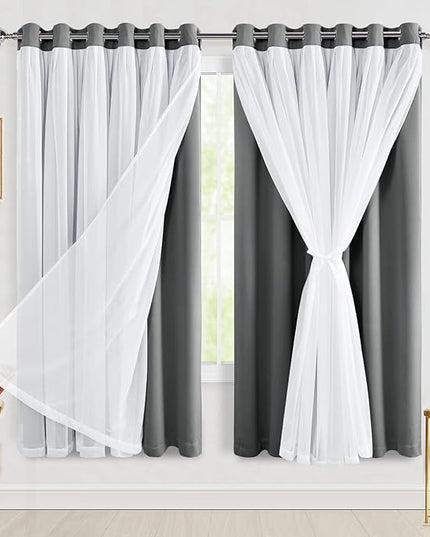 Hiasan Blackout Curtains with Sheer Overlay, Grommet Thermal Insulated Privacy Mix and Match Double Layer Window Curtains for Girls Bedroom, Living Room, 2 Drape Panels with Tiebacks, Grey, 70W X 63L