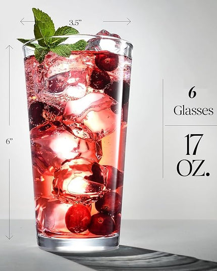Glaver's Beer Pint Glasses Set of 6, Highball Glass 17 oz Tall Drinking Glasses Everyday Stackable Water Glass Cups Home Bar Cocktail Glassware