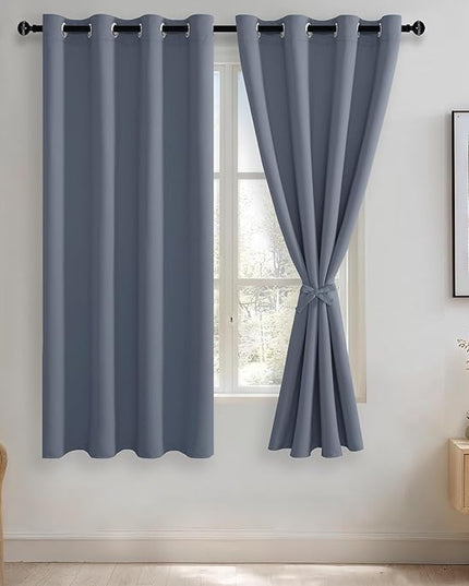 JIUZHEN Blackout Curtains with Tiebacks - Thermal Insulated, Light Blocking and Noise Reducing Grommet Curtain Drapes for Bedroom and Living Room, Set of 2 Panels, Dusty Blue, 52 x 63 Inch Length