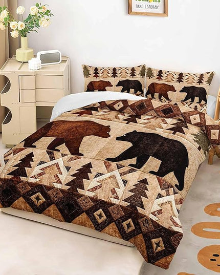 AILONEN Rustic Brown Bear Comforter Set,Vintage Wildlife Bedding Sets for Bedroom Decor, Full Size,Woodland Animal Bears Duvet Set,3-Piece, 1 Quilt and 2 Pillowcases,Soft Microfiber