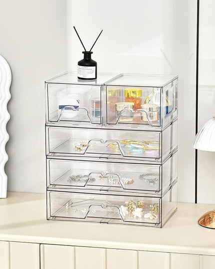6 Pack Stackable Storage Drawers Clear Acrylic Organizer Makeup Bathroom Organizer and Storage Bins for Beauty Supplies,Ideal for Vanity, Bathroom,Pantry Organization