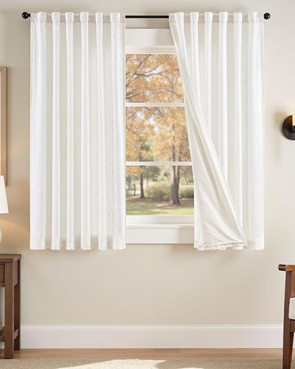 jinchan Winslow Lined Linen Curtains for Bedroom 63 Inches Linen Blended Embroidered Bordered Floral Curtains for Living Room Farmhouse Decor Window Treatments White on White Drapes 2 Panels