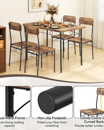 GOFLAME 5-Piece Dining Table Set for 4, Rectangular Kitchen Table and 4 Chairs with Metal Frame, Space Saving Industrial Dinette Set for Dining Room, Breakfast Nook, Small Space