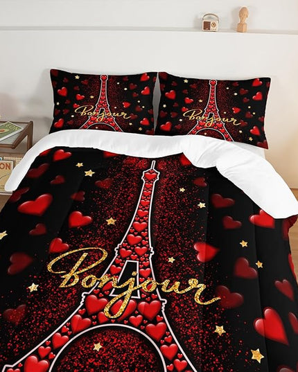 Eiffel Tower King Size Comforter Sets,Red Loving Heart Romantic Couple Bedding Set,Paris Bedding Comforter Sets for Women Room Eiffel Tower Decor with 2 Pillowcases.