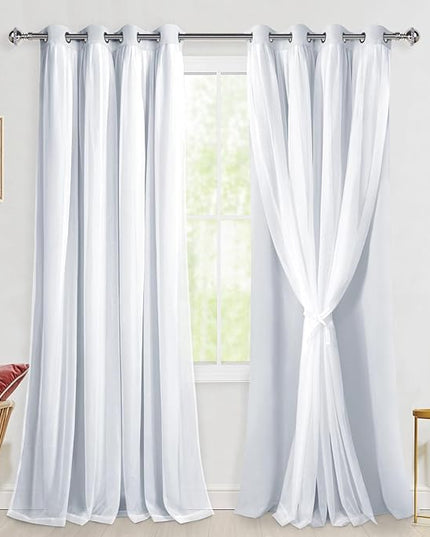 Hiasan Greyish White Blackout Curtains with Sheer, Thermal Insulated Privacy Double Layer Grommet Window Curtains for Bedroom, Living Room, Nursery, 2 Drape Panels with Tiebacks, 52W X 96L