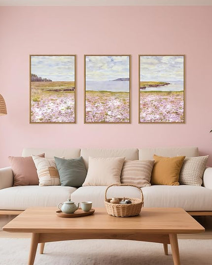 HOURIA Watercolor Pink Floral Coastal Landscape Framed Canvas Wall Art Set,Nature Inspired Wildflower & Meadow Cottage Field Wall Decor,Modern Seaside Beach Artwork for Living Room,Farmhouse-16"x24"x3
