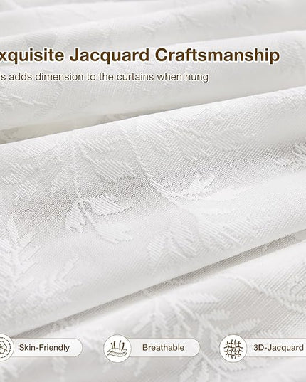 Anmao White Semi Sheer Light Filtering Extra Long Curtains 2 Panels, Leaf Pattern Drapes for Living Room Bedroom, Rod Pocket Sheer Window Treatments with Floral Design, 52x108 Inch