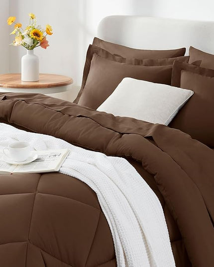 CozyLux Full Size Comforter Sets Brown - 7 Pieces Bed in a Bag Full, Luxury Soft Bed Set for All Seasons, Bedding Set with Down Alternative Comforter, Sheets, Pillowcases & Shams