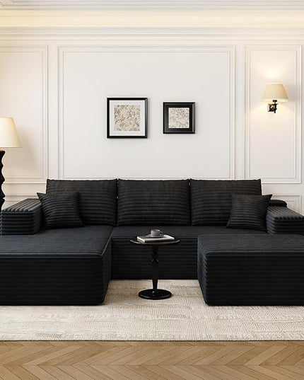 107.5" Cloud Modular Sectional Sofa with 1 Ottoman,Modern Minimalist Upholstered Couches, Comfort U Shaped Sofa for Living Room,Deep Seat Corner Couch，No Assembly Required (Black,Left Facing Chaise)