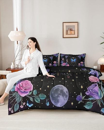 Feelyou Boys Girls Blue Moth 7 Pieces Bedding Sets King Size, Boho Aesthetic Bed in A Bag Star Moon Comforter Set with Sheets Kids Flower Teens Bed Set Room Decor