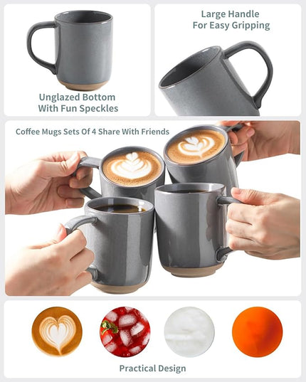 HASENSE Coffee Mugs, 12 OZ Coffee Cups Ceramic Set of 4 with Handle and Speckled Patterns for Man Woman, Vintage Stoneware Porcelain Coffee Cups Set for Tea, Cocoa, Milk, Latte and Cappuccino - Gray