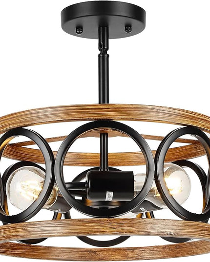 Farmhouse Semi Flush Mount Ceiling Light Fixtures, 3-Light Black Ceiling Light Rustic Light Fixtures for Hallway Entrance Kitchen Bedroom