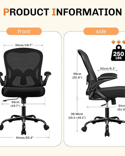 Office Chair, Ergonomic Mesh Desk Chair with Adjustable Lumbar Support & Flip-Up Armrest, Mid Back Computer Chair, Swivel Task Rolling Chair for Home and Office (Black)
