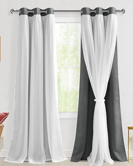 Hiasan Overlay Blackout Curtains 96 inches Long Thermal Insulated Double Layer Blackout Curtains with Tiebacks for Living Room Bedroom, Silver Grey, 42W X 96L,Set of 2