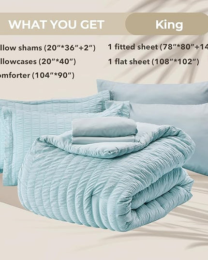 HYMOKEGE Lake Blue King Size Comforter Set Seersucker 7 Pieces, All Season Luxury Bed in a Bag for Bedroom, Bedding Set with Comforters, Sheets, Pillowcases & Shams