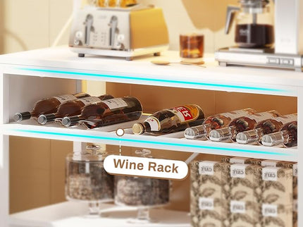 Itaar Bakers Rack with Power Outlet, 6-Tier Coffee Bar, Microwave Stand with Wine Rack, LED Lights and 10 Hooks, Bakers Racks for Kitchens with Storage, White