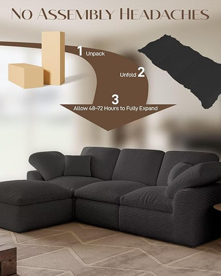 Cloud Sectional Couches for Living Room, L Shaped Modular Sectional Sofa with Ottoman, Convertible Corduroy Couch for Apartment, 4 Seater Boneless Comfy Cloud Sofa, No-Assembly, Grey