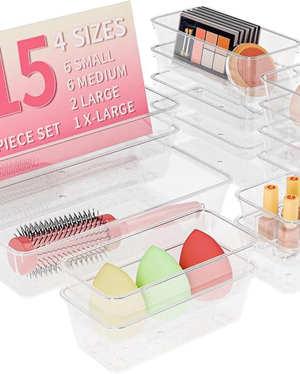 15 PCS Clear Plastic Drawer Organizer Set, 4 Sizes Versatile Bathroom Drawer Organization and Storage Trays, Non-Slip Desk Vanity Storage Bins for Makeup Jewelry Kitchen Utensil Gadget Office