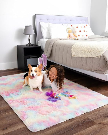 Ophanie Rainbow Rug for Bedroom Girls, Unicorn Colorful Fluffy Soft Cute Fuzzy Area Rugs, Shag Plush Shaggy Bedside Floor 4x6 Furry Carpet for Kids Baby Teen Dorm Nursery Home Decor Aesthetic