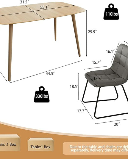 55.1'' Natural Wood Dining Table Set for 4 with Leather Chairs - Easy Assembly 4-Piece Kitchen Table and Chair Set, Scratch-Resistant Waterproof Surface (Modern Farmhouse Style)