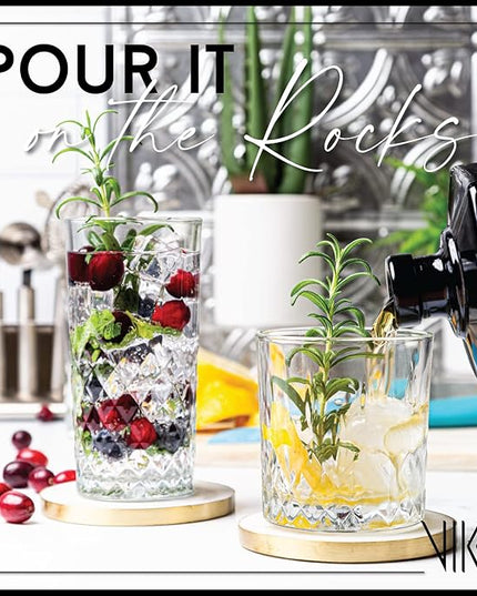 Vikko Rock and Tumbler Set, 8 Piece Set of Elegant Glasses, 4 Tall 12.25 Ounce Glasses and 4 Short 11.25 ounce Whiskey Glasses