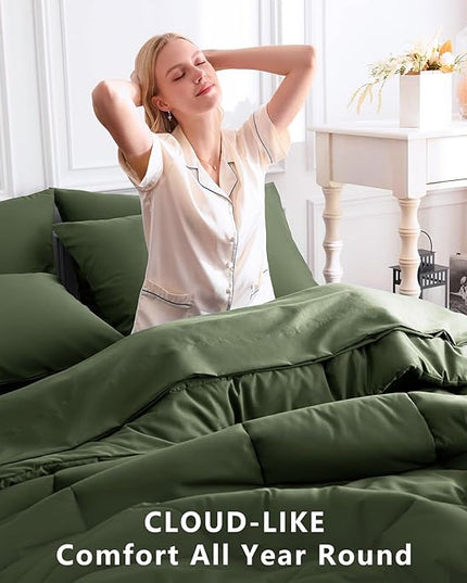 CozyLux Queen Comforter Set Olive Green, 7 Pieces Bed in a Bag, Green Comforter Queen Size, All Season Bedding Sets with Stitch Quilted Comforter, Flat Sheet, Fitted Sheet, Pillowcases