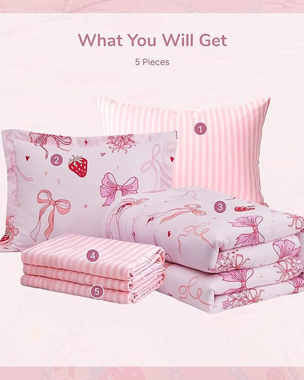 Twin Comforter Set for Girls-5 Pieces Pink Bow Twin Bedding Sets for Kids, Ultra Soft Bed in A Bag with Sheets